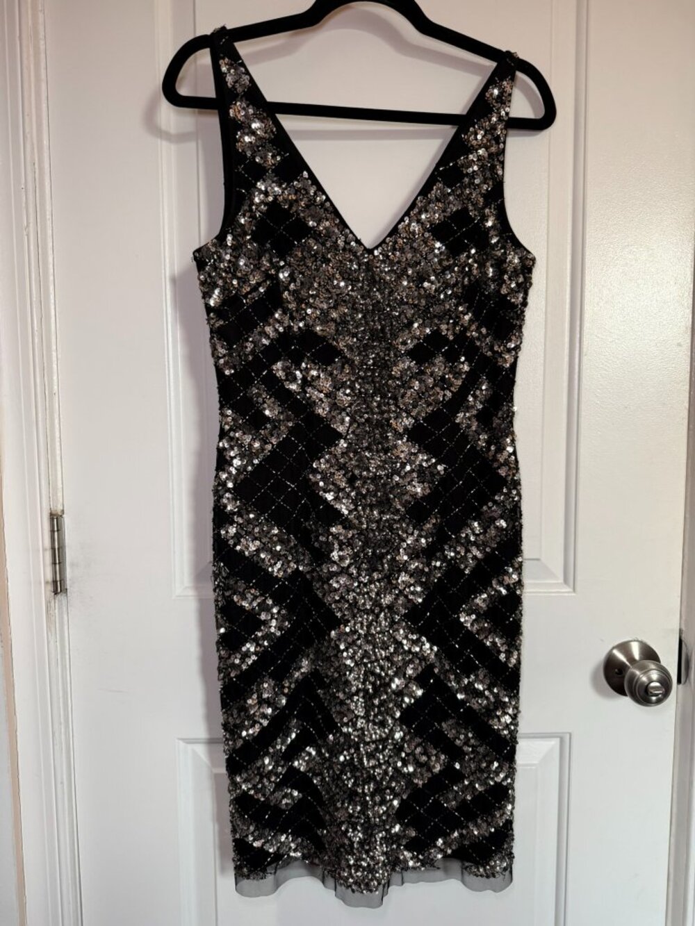 Vintage Sequin Geometric Bodycon Mini Dress Party Cocktail New Years Eve Holiday - Picture 10 of 10